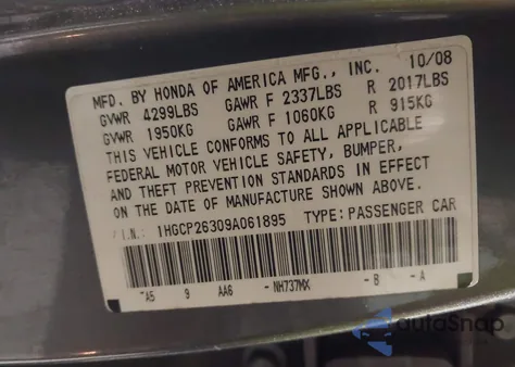 2009 Honda Accord 2.4 Lx z USA, uszkodzony, nr VIN 1HGCP26309A061895